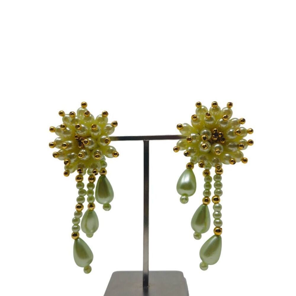 Large Vintage Spiky Pearl Flower & Gold Beaded Dangle Clip-On Earrings | 3.12" | - Picture 2 of 5